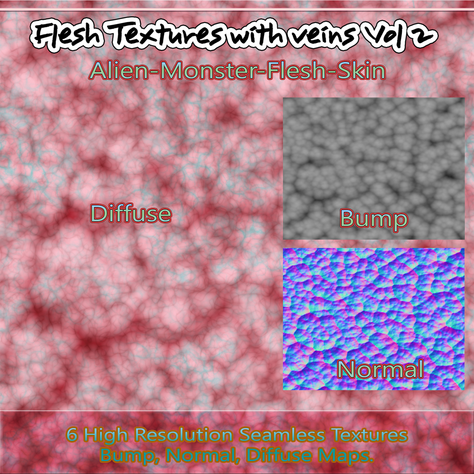 6 Seamless Flesh Textures with Veins and Bump, Normal and Diffuse Maps Volume 2 by N/A