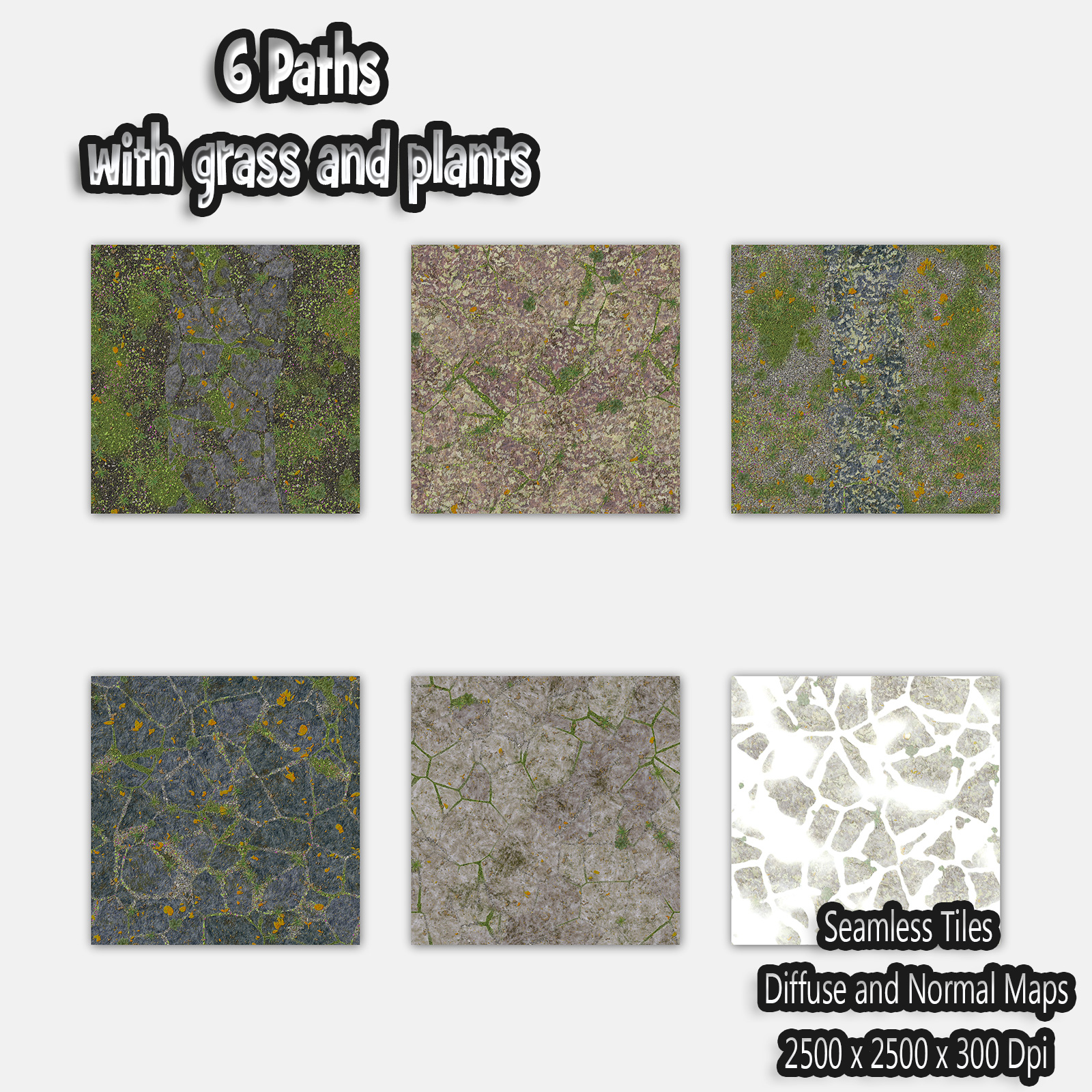 6 Seamless Paths with grass, plants, normal and diffuse maps by N/A