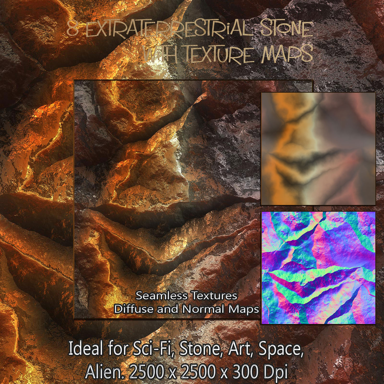 8 Seamless Extraterrestrial Stone Textures with Texture Maps: Diffuse and Normal by N/A