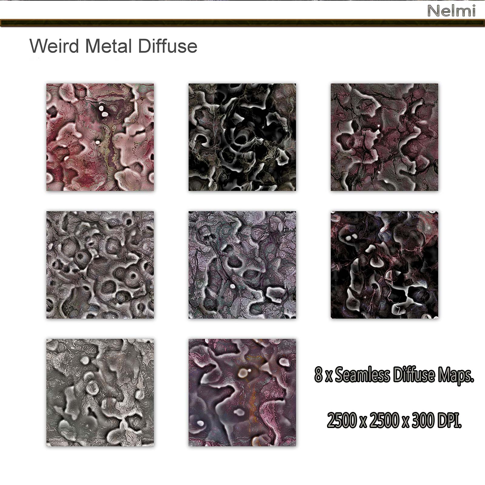 8 Seamless Weird Alien Metal Textures with Normal and Diffuse Maps by N/A