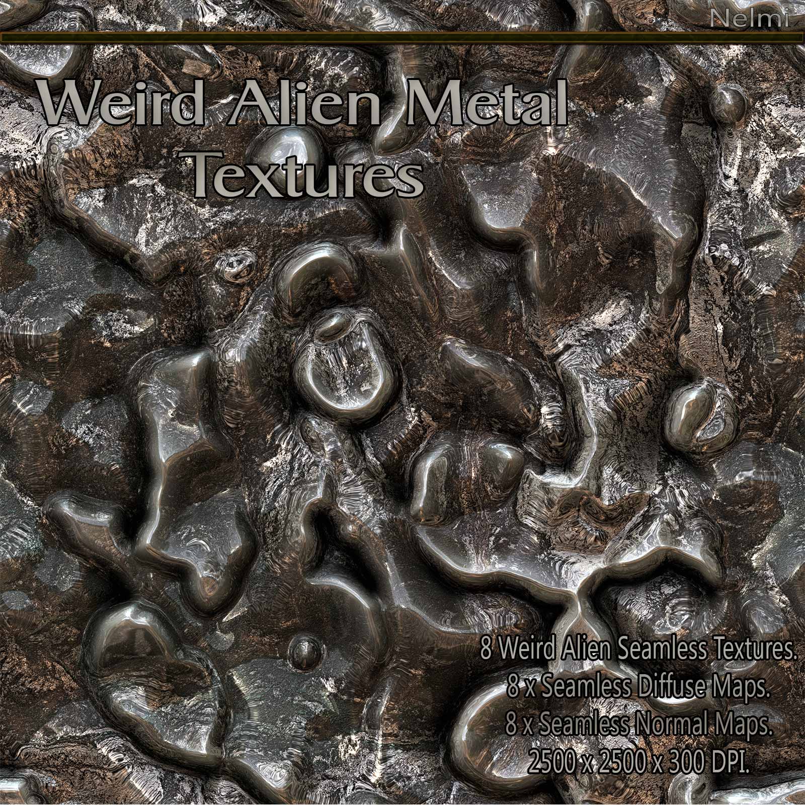 8 Seamless Weird Alien Metal Textures with Normal and Diffuse Maps by N/A