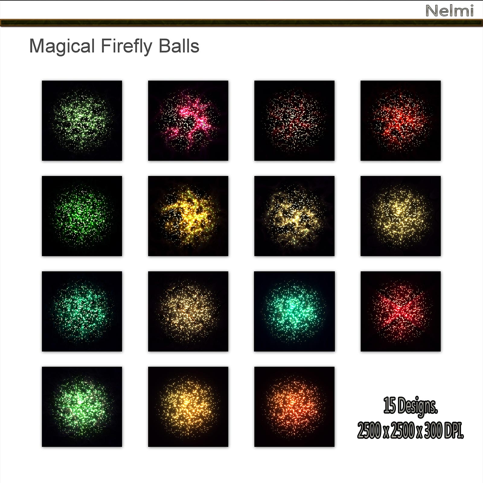Magical Firefly Balls - 15 Designs on Black Background. by N/A