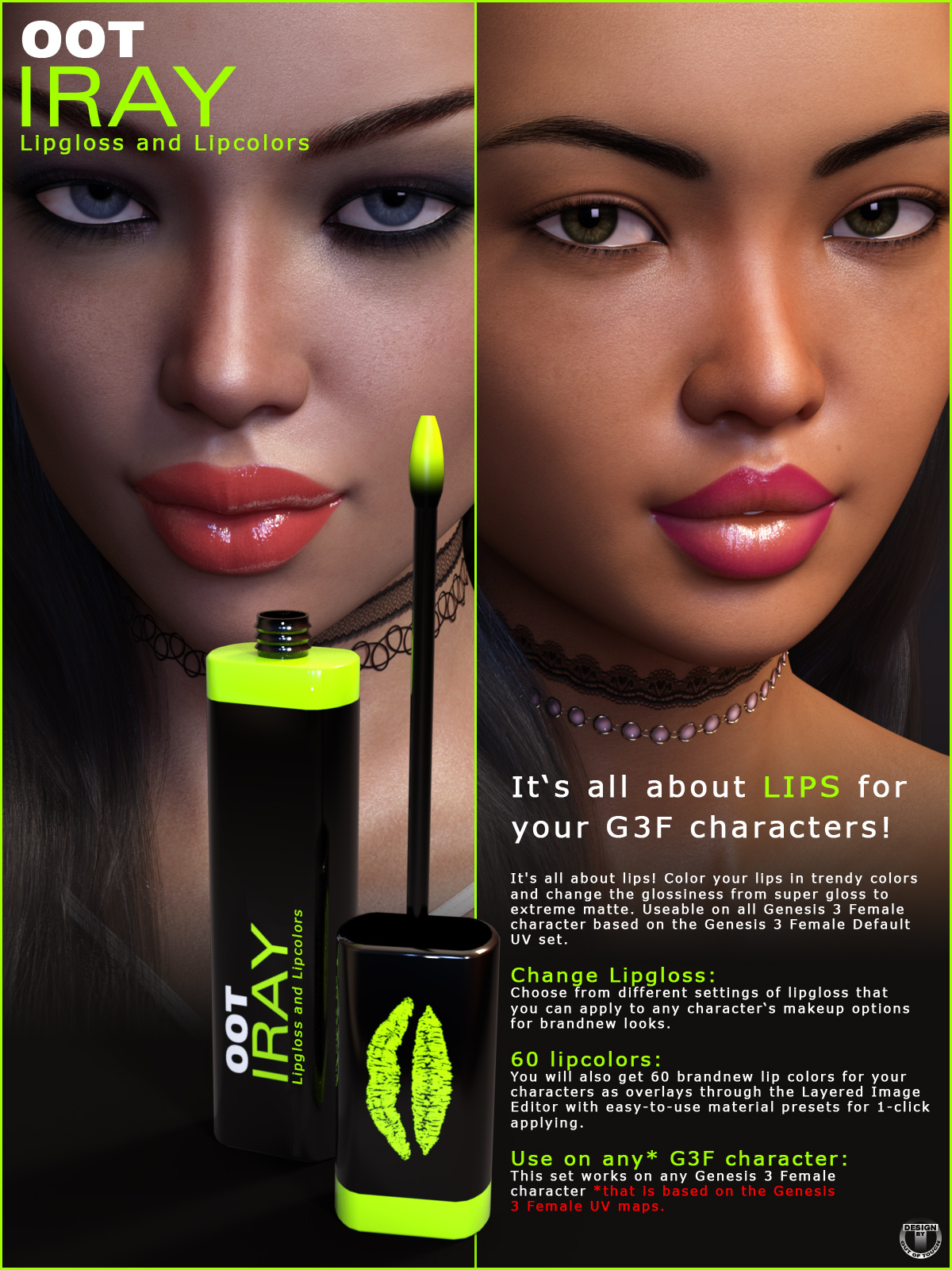 Iray Lipgloss and Lipcolors for Genesis 3 Female(s) by N/A