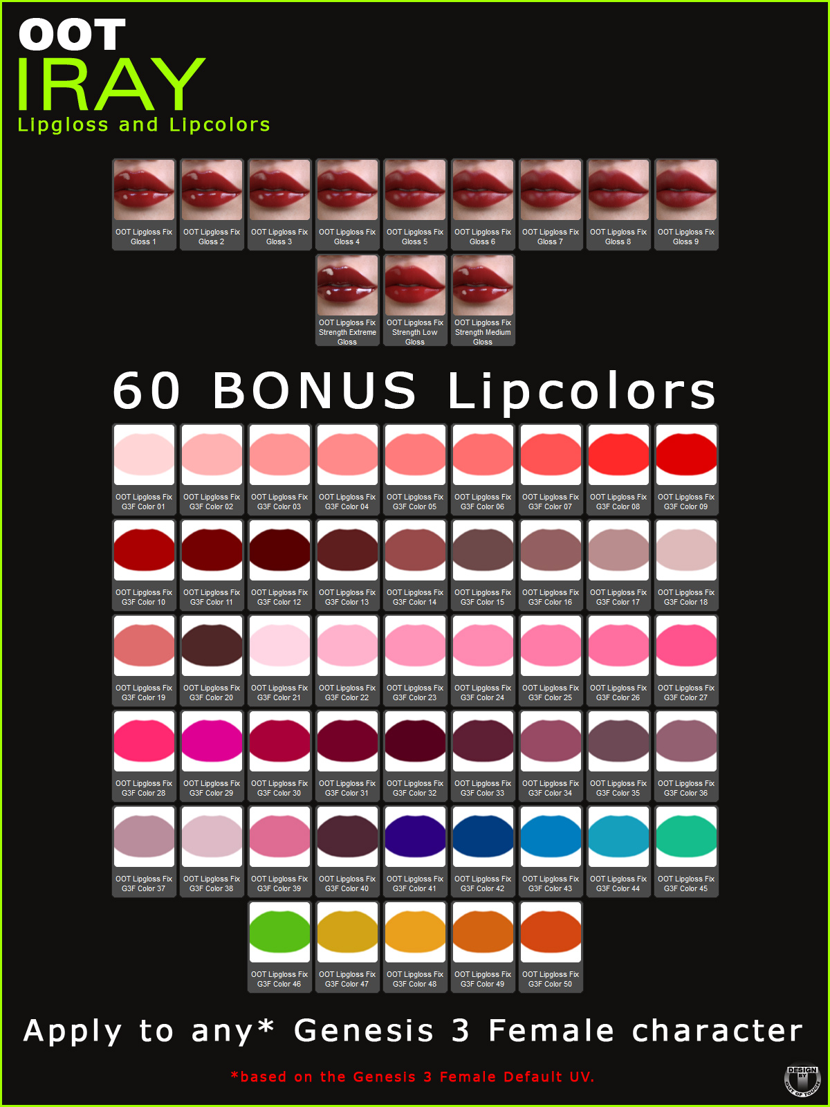 Iray Lipgloss and Lipcolors for Genesis 3 Female(s) by N/A
