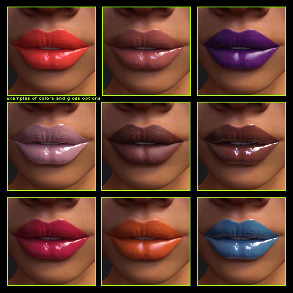 Iray Lipgloss and Lipcolors for Genesis 3 Female(s) by N/A
