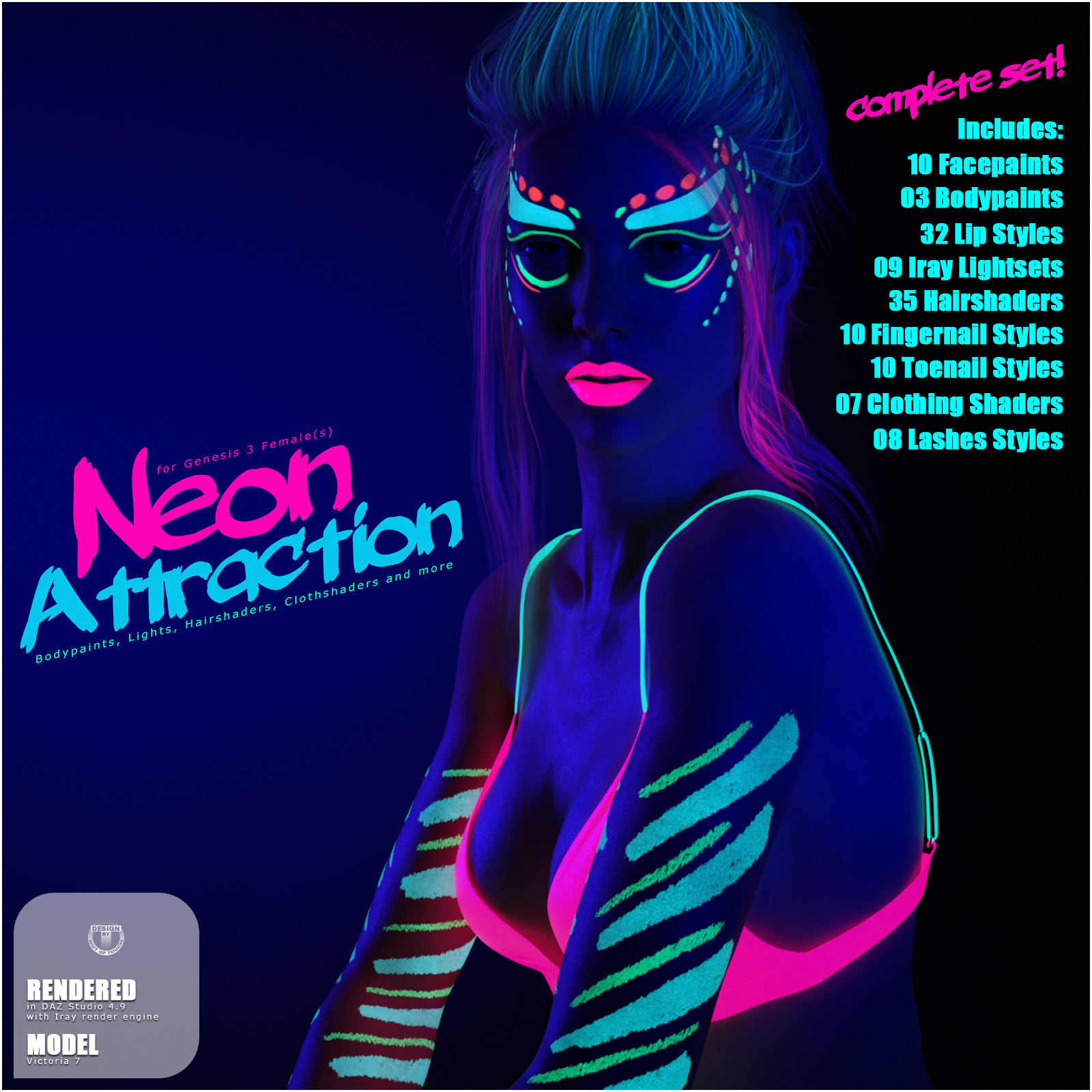 Neon Attraction: Bodypaints, Lights and Shaders for Genesis 3 Females by N/A