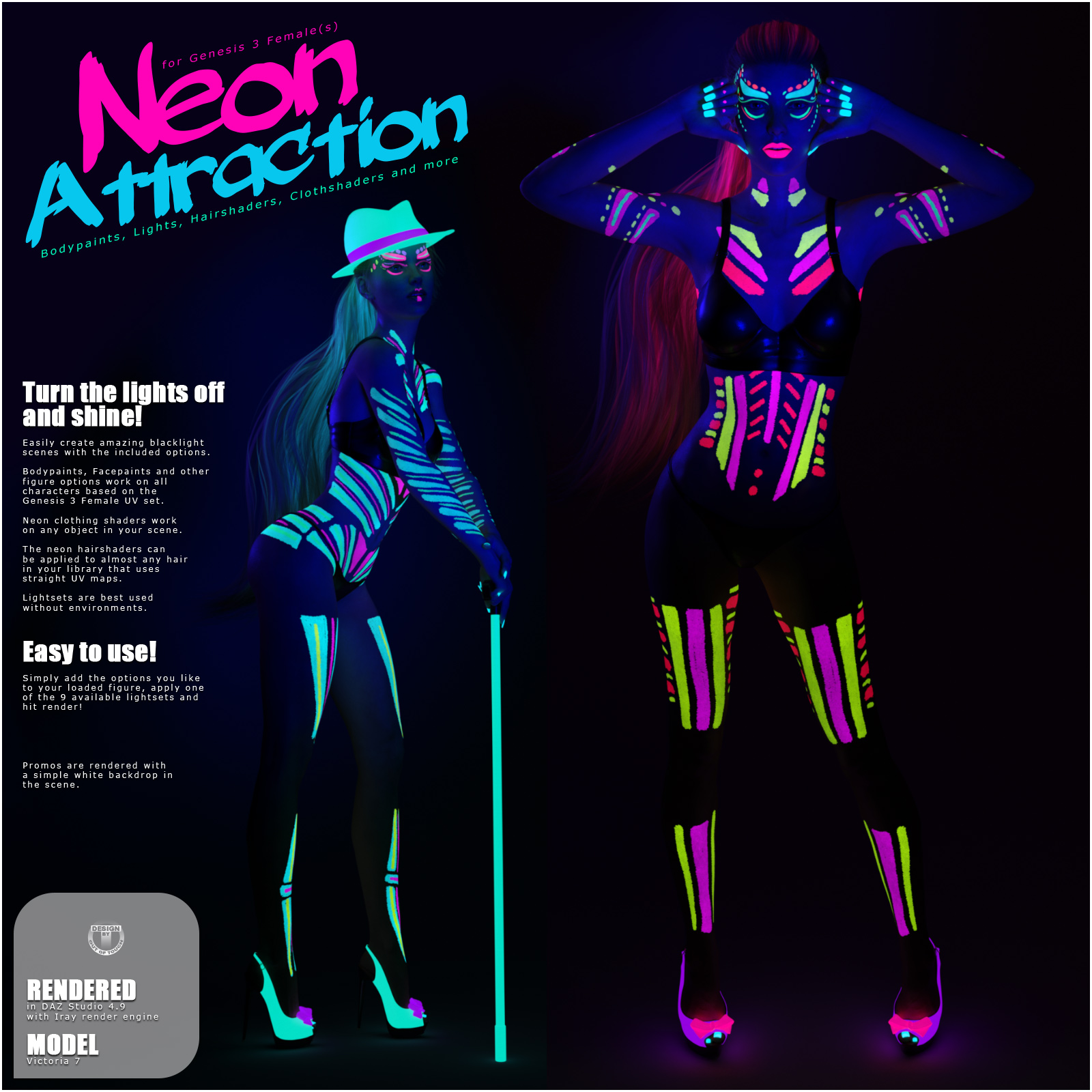 Neon Attraction: Bodypaints, Lights and Shaders for Genesis 3 Females by N/A