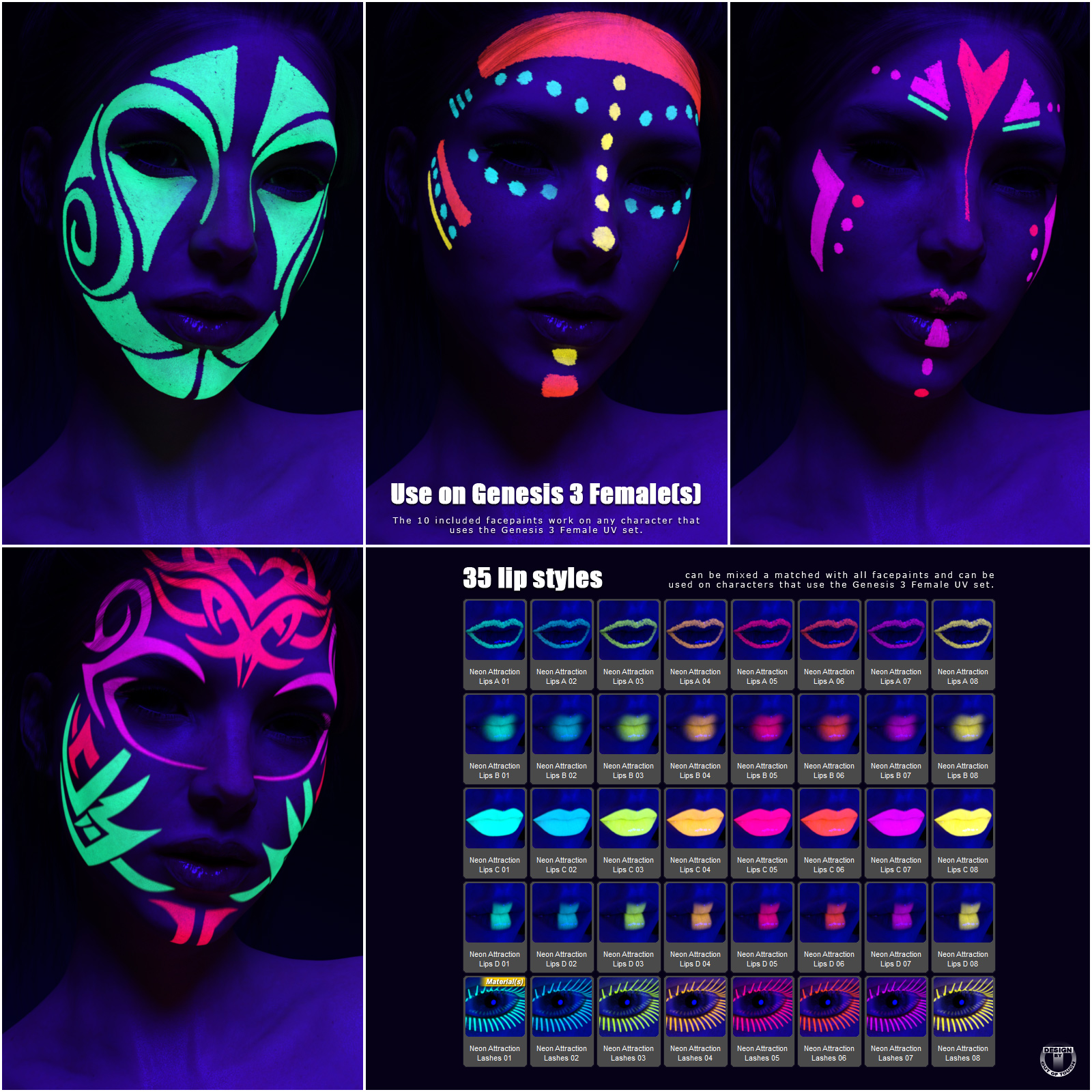 Neon Attraction: Bodypaints, Lights and Shaders for Genesis 3 Females by N/A