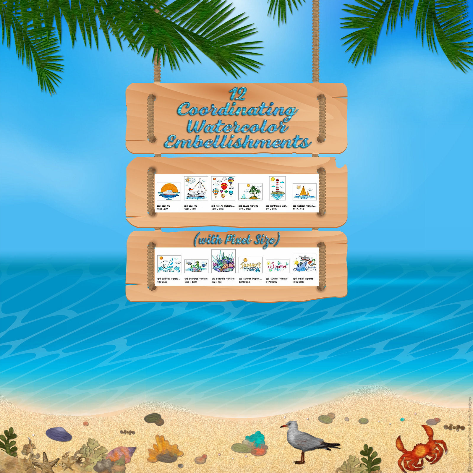 Sun Sea and Sand Watercolor Pack by N/A