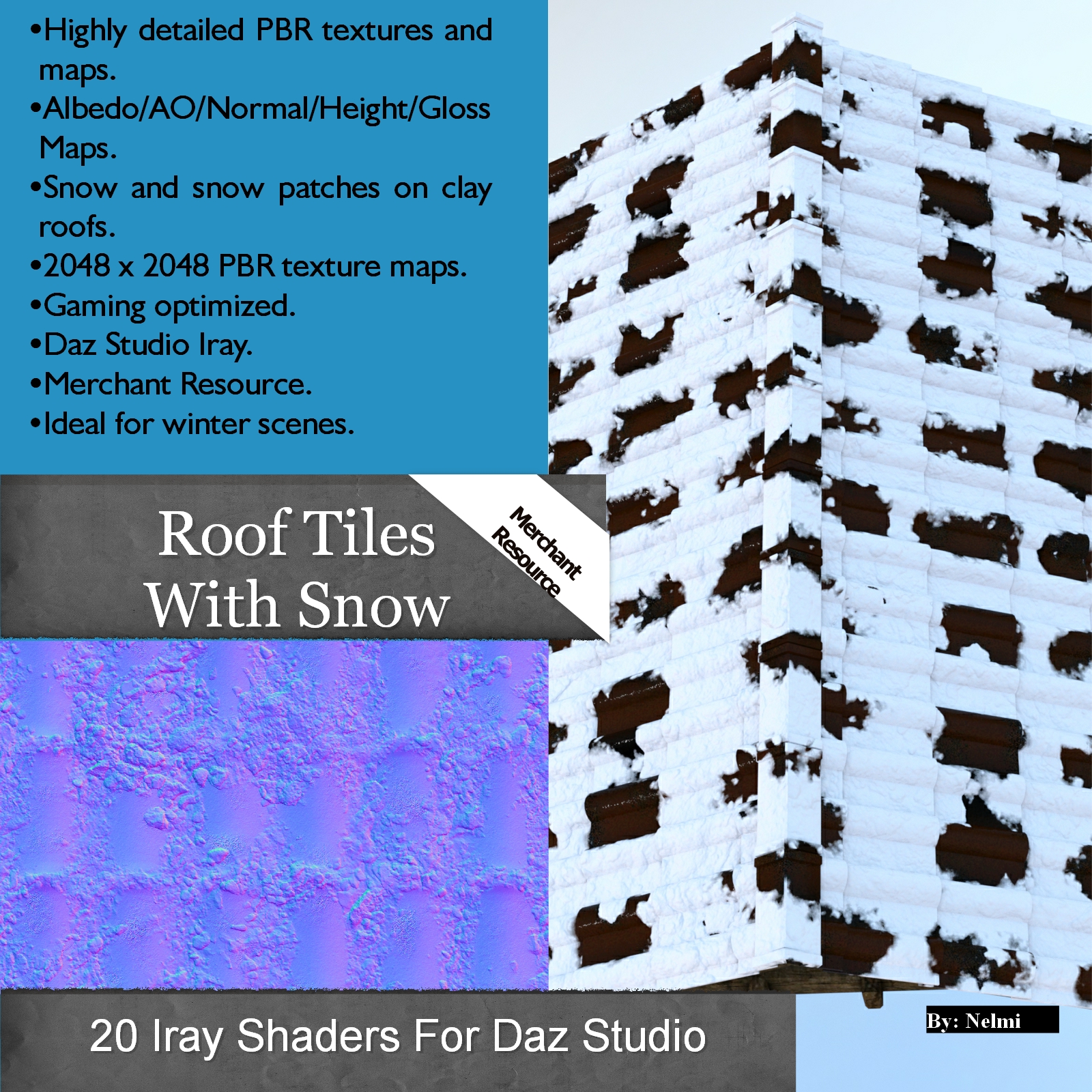 20 Roof Tiles with Snow Iray Shaders - Merchant Resource by N/A