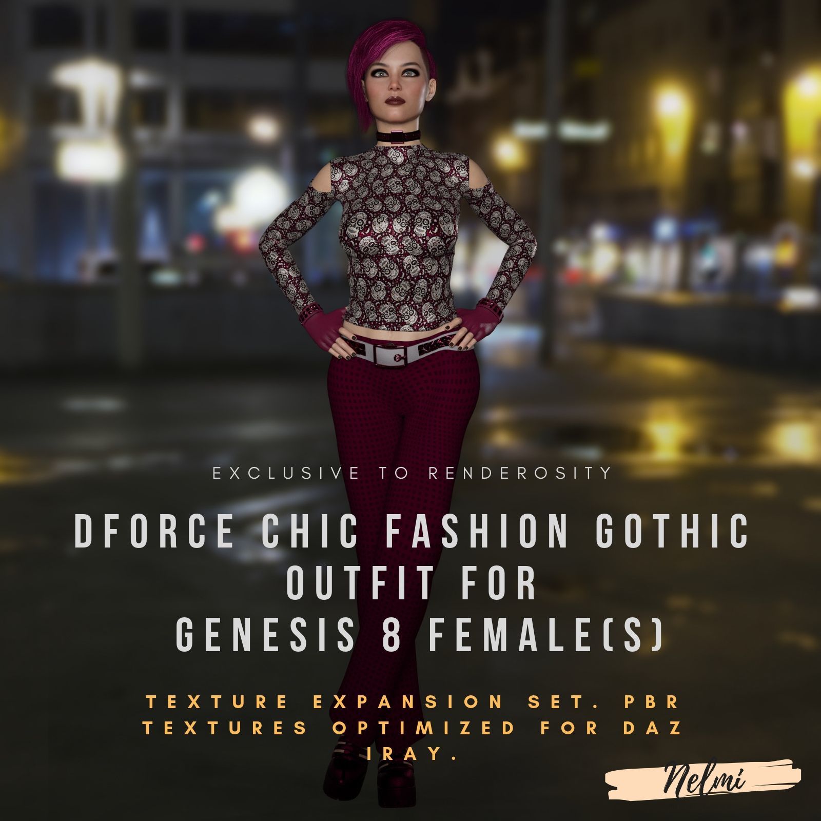 NELMI- dForce Chic Fashion Gothic Outfit for Genesis 8 Female(s) by N/A