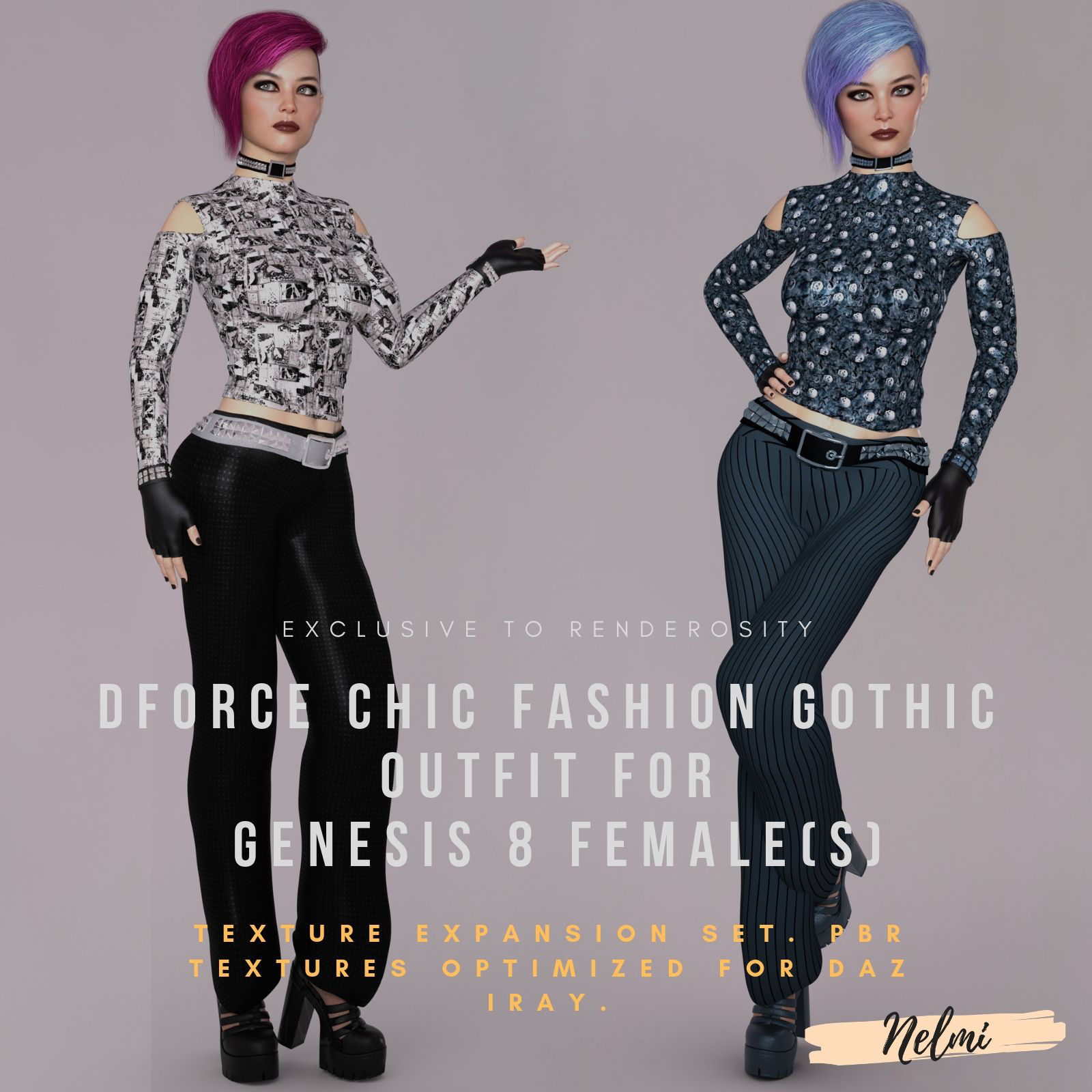 NELMI- dForce Chic Fashion Gothic Outfit for Genesis 8 Female(s) by N/A
