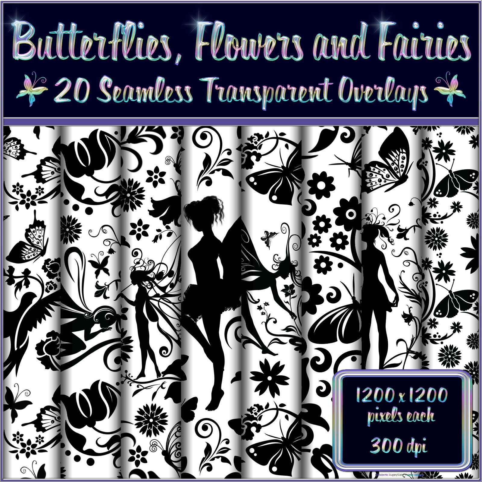 Butterflies, Flowers and Fairies Seamless Overlays by N/A