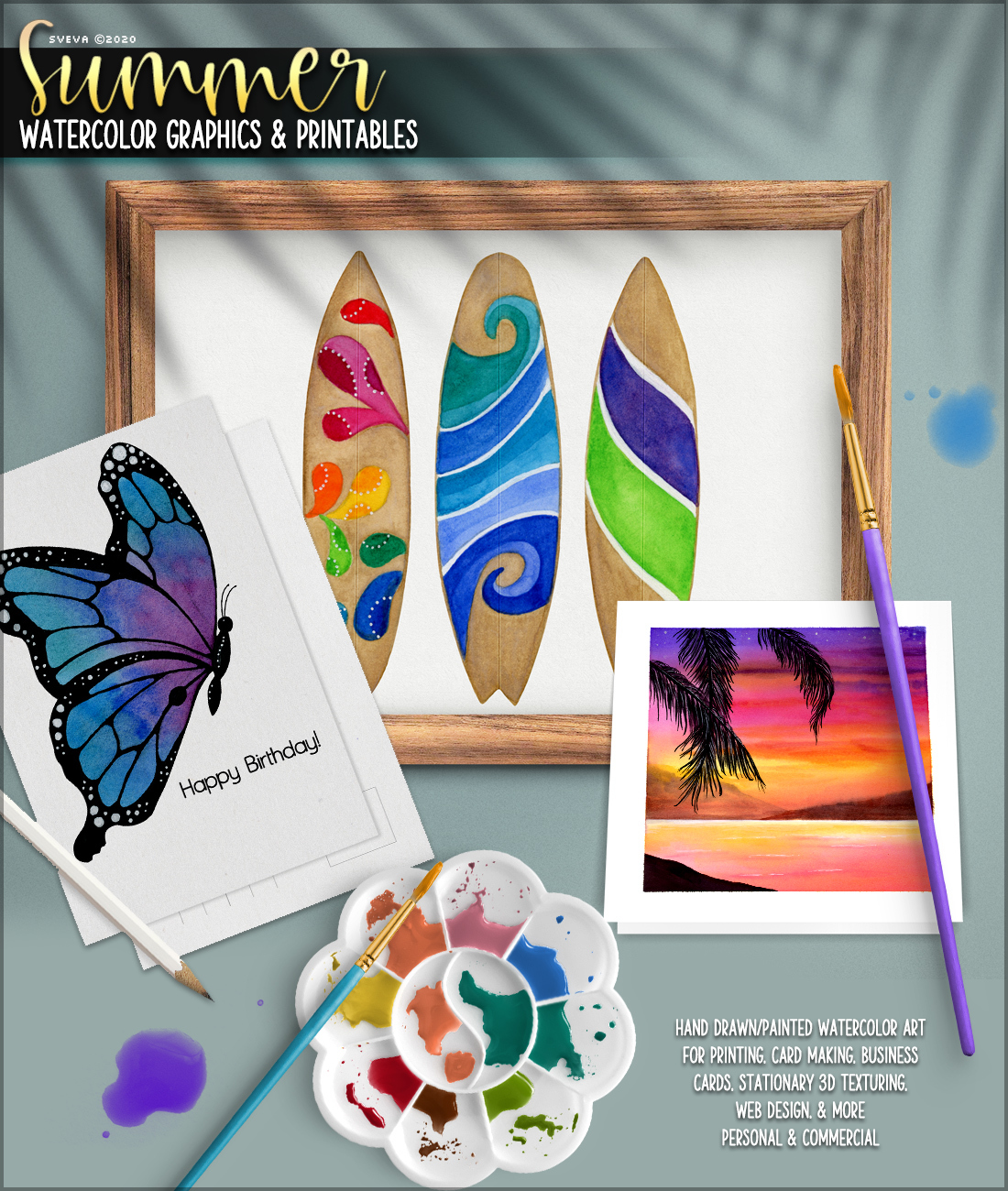 Summer Watercolor Graphics and Printables by N/A