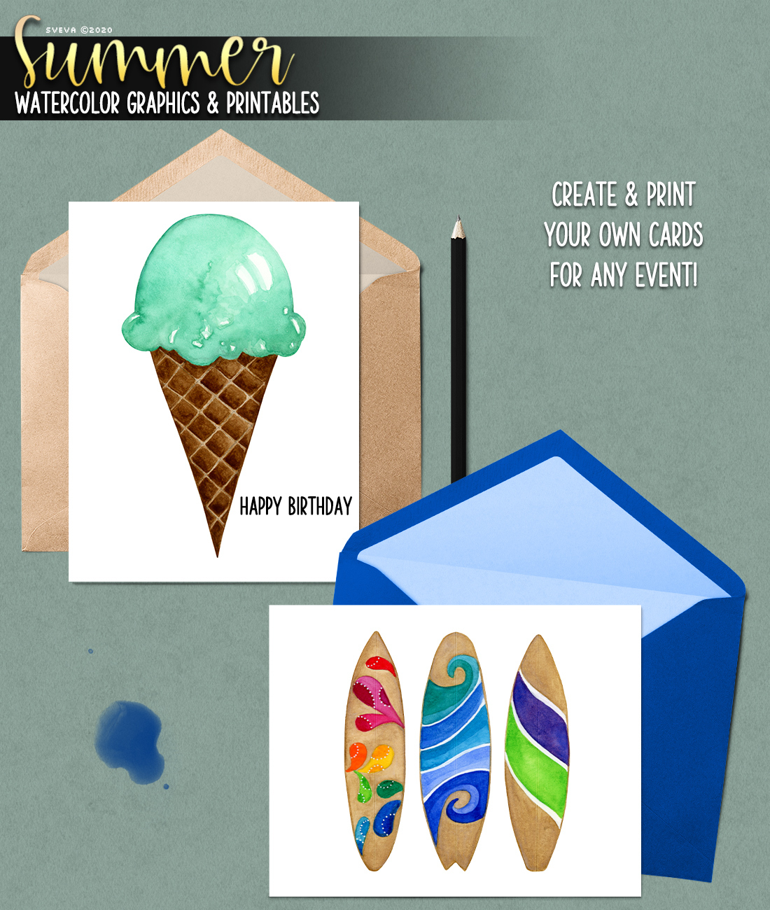 Summer Watercolor Graphics and Printables by N/A