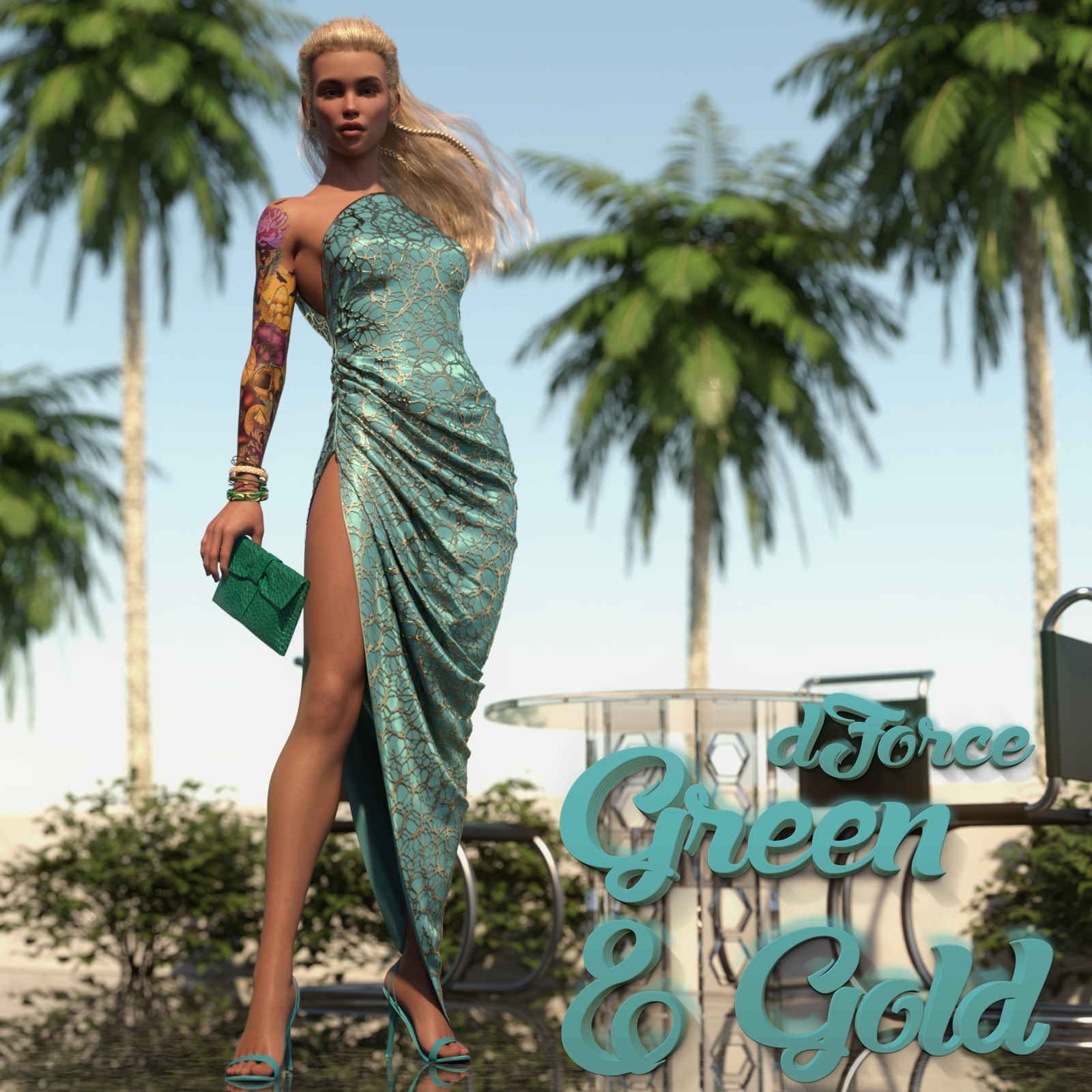 dForce Green & Gold Dress for Genesis 8 and 8.1 Female by N/A