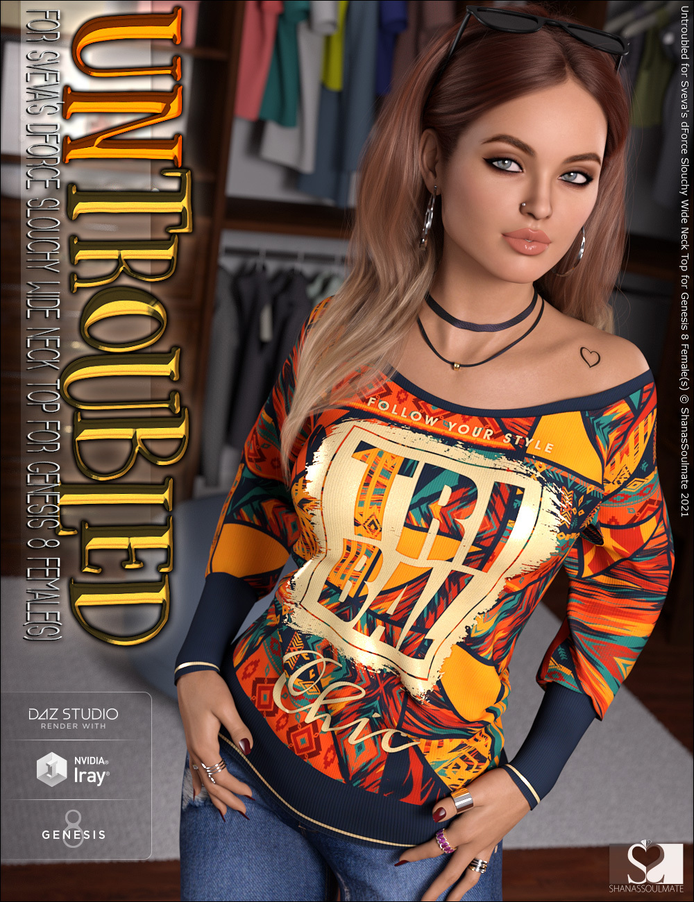 Untroubled for dForce Slouchy Wide Neck Top for Genesis 8 Females by N/A