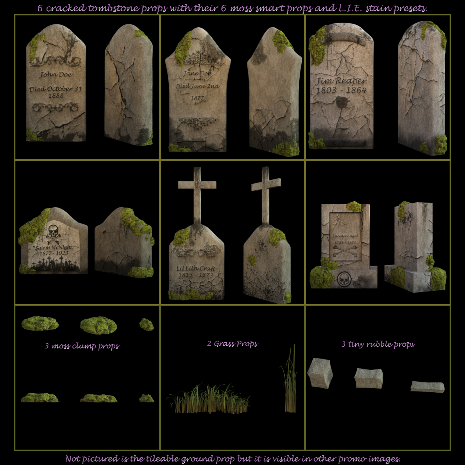 Cracked Tombstone Prop Set for Daz Studio by N/A