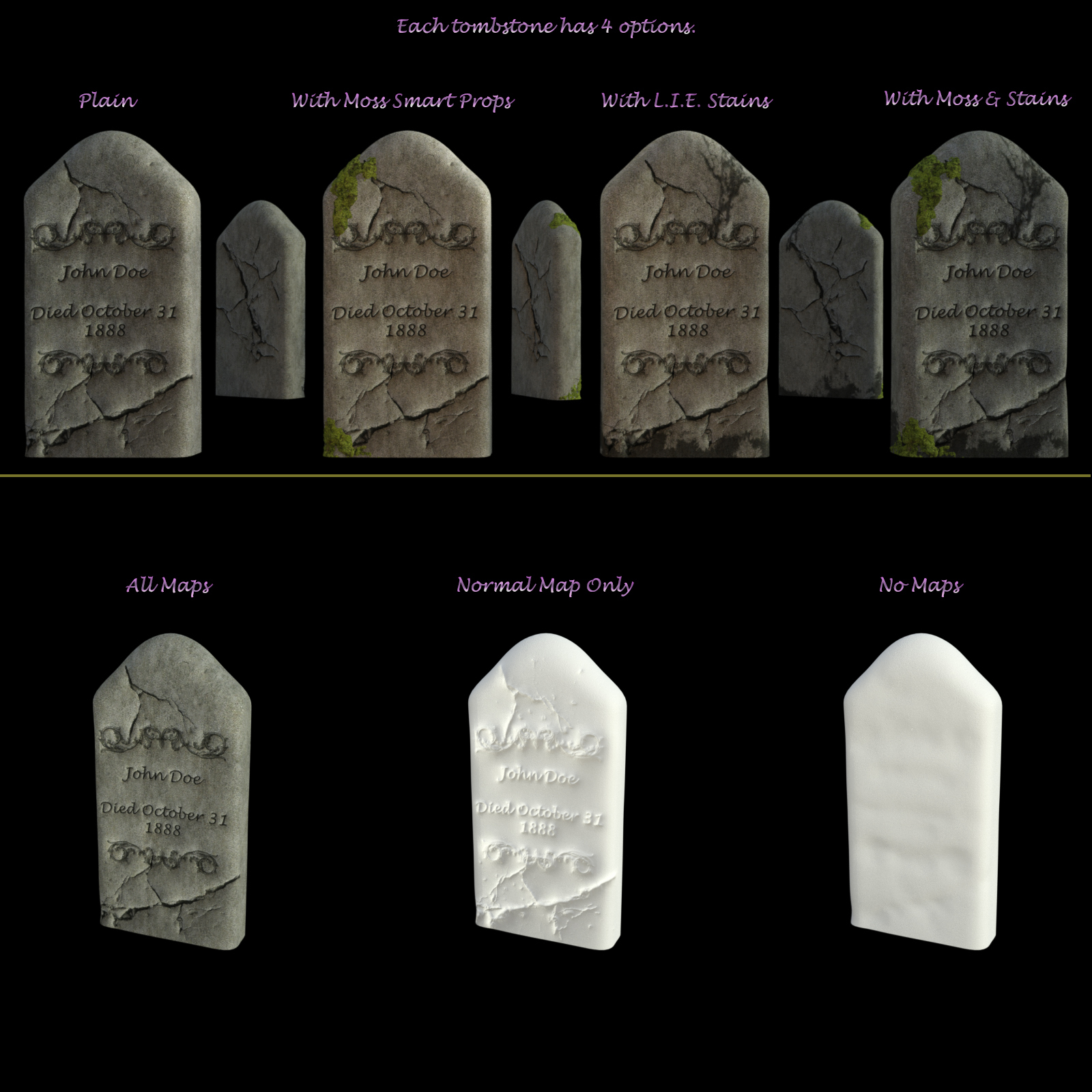 Cracked Tombstone Prop Set for Daz Studio by N/A