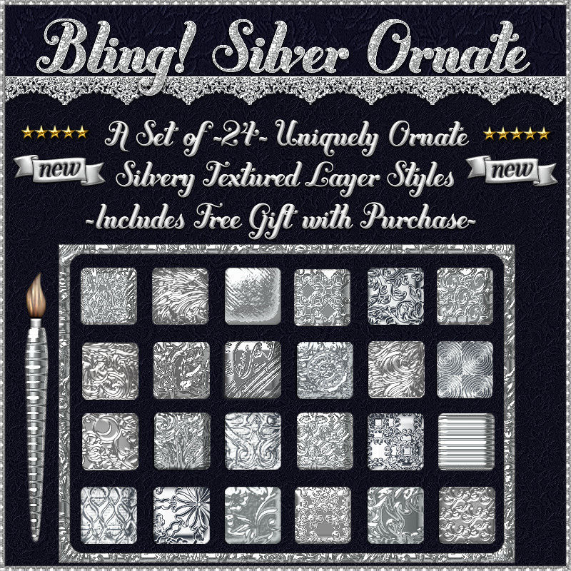 Bling! SILVER ORNATE Layer Styles w/Free Gift for Photoshop 7 & Above by N/A